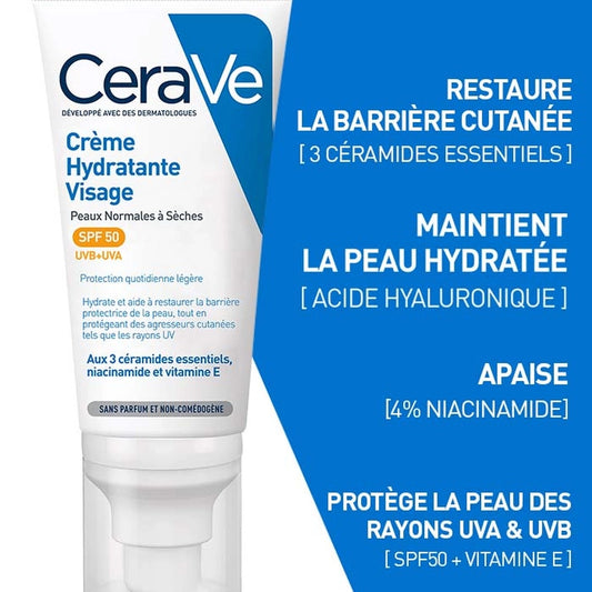 CERAVE – Crème Hydratante Visage Peau Normale à Sèche SPF50 – 52ml