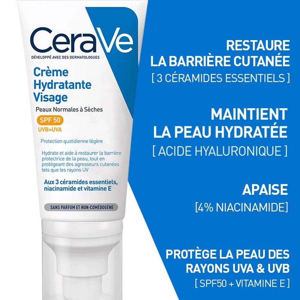 CERAVE – Crème Hydratante Visage Peau Normale à Sèche SPF50 – 52ml